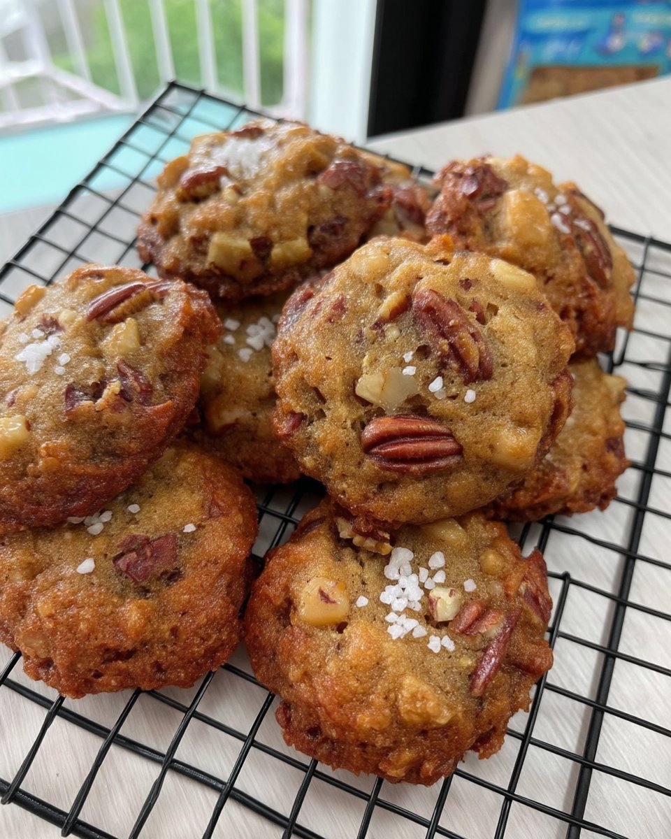 Golden brown pecan shortbread cookies cooling on a wire rack