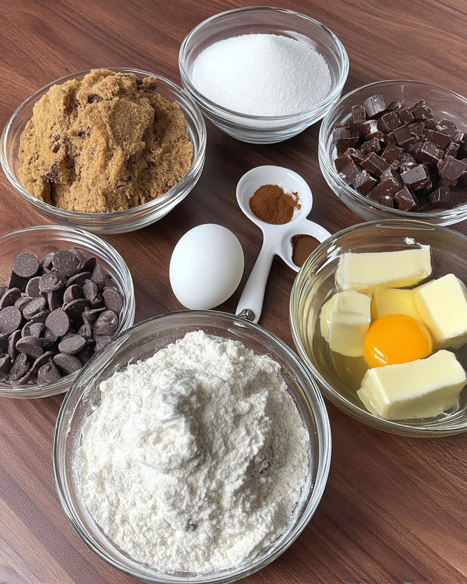 Ingredients for no chill cookies including brown butter and dark chocolate chips