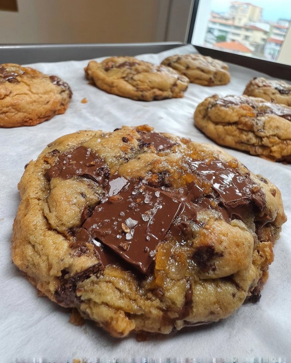 Stack of brown butter toffee cookies with melted toffee oozing out