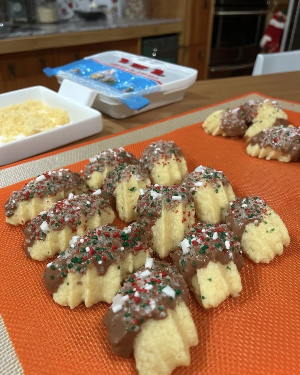 Colorful butter spritz cookies stacked high with sprinkles