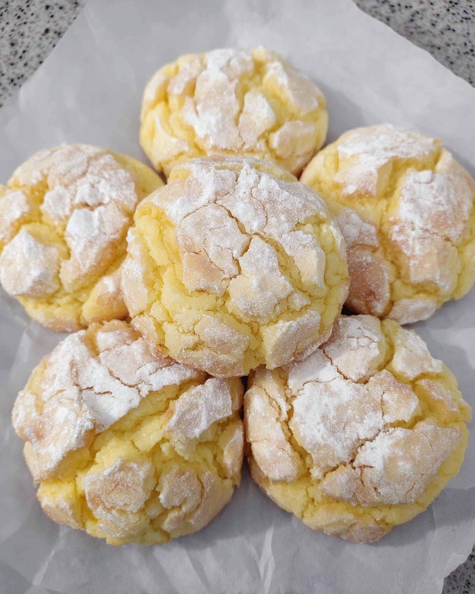 A pile of soft yellow lemon cookies with white powdered sugar crinkle tops