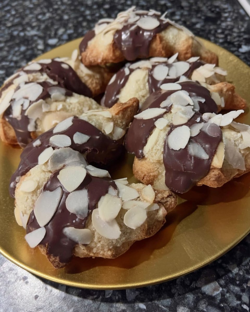 Classic almond horn cookies coated in sliced almonds and dipped in chocolate