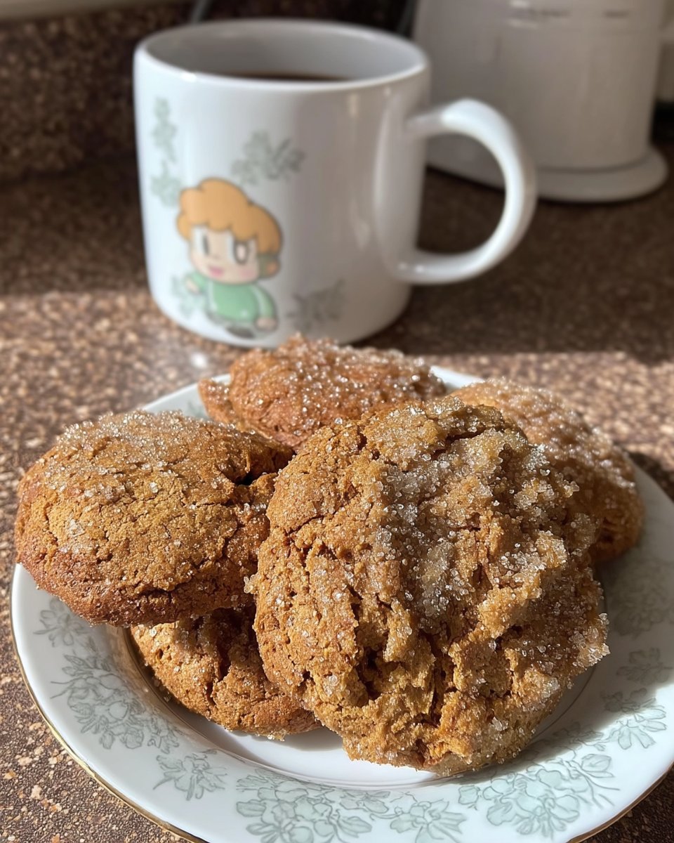 Stack of chewy triple ginger cookies with crinkled sugary tops