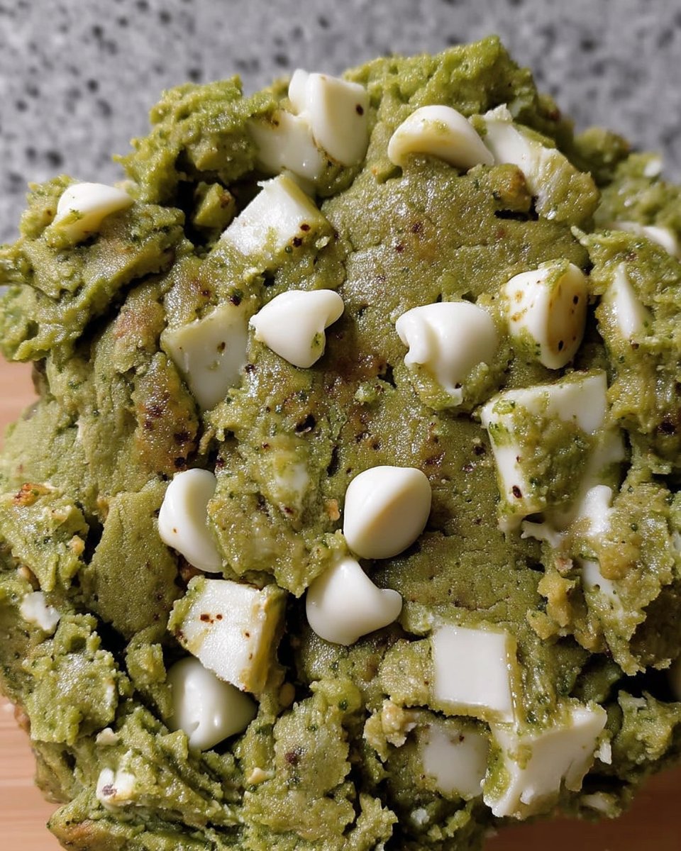 Scoops of green matcha cookie dough resting on a parchment lined baking sheet