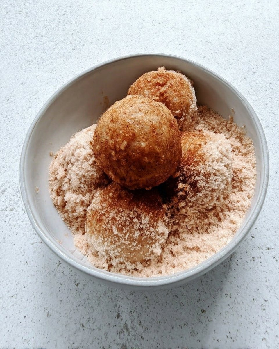 Chilled gluten-free snickerdoodle dough being rolled in cinnamon sugar