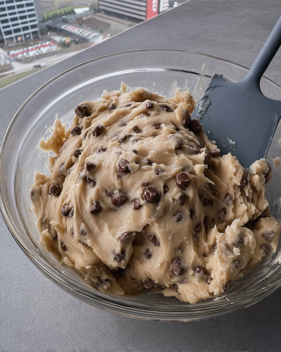 Scoops of chocolate chip cookie dough on a baking sheet before chilling
