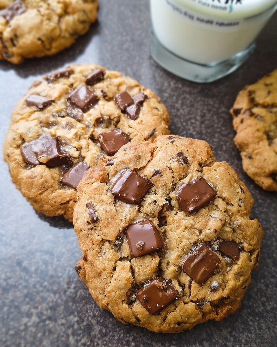 A close up of a soft chocolate chip cookie with golden edges and melting chocolate