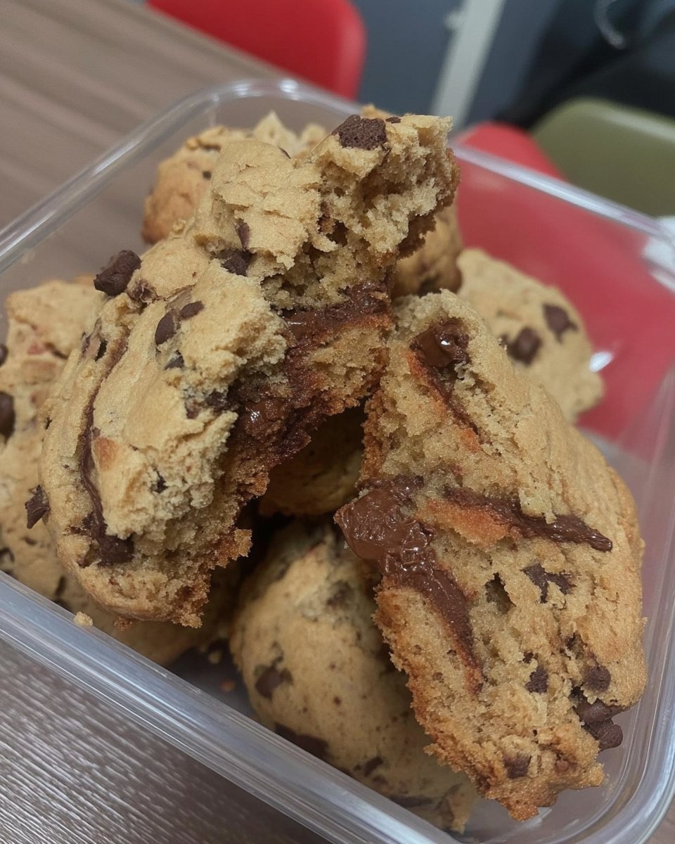 A massive stack of soft chocolate chip cookies with melty chocolate chunks