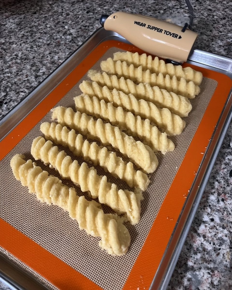 Cookie press gun pressing dough onto baking sheet