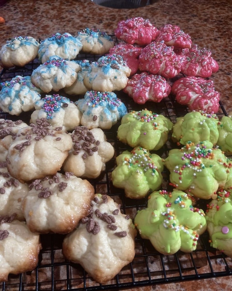 Baked spritz cookies dipped in chocolate and sprinkles