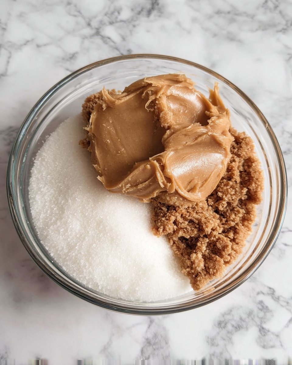 Flourless Peanut Butter Cookies 12 Overhead shot of creamy peanut butter, sugar, egg, vanilla, and chocolate chips