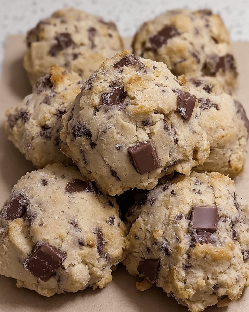 Thick cookie dough balls resting on a lined baking tray