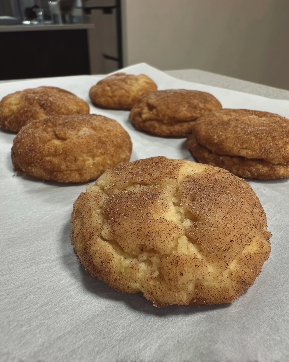 Warm snickerdoodle cookies resting on a wire cooling rack.