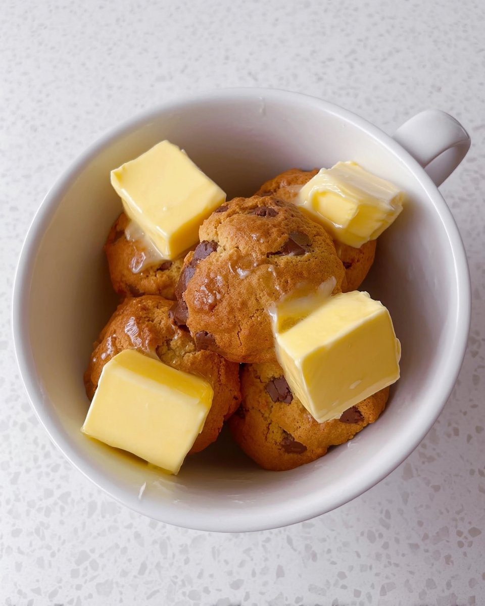 Butter, sugar, and assorted chocolate chips on a wooden counter