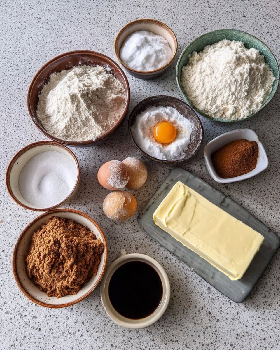 Ingredients for gluten-free snickerdoodles including browned butter, sugars, and gluten-free flour