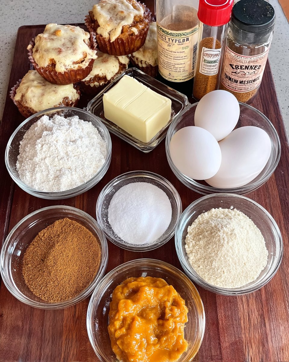 Pumpkin Pie Cookies 12 Ingredients for pumpkin pie cookies including puree eggs and butter on a wooden table