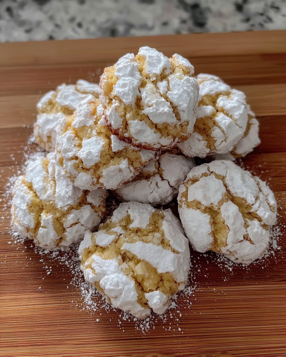 Stack of yellow lemon crinkle cookies with powdered sugar