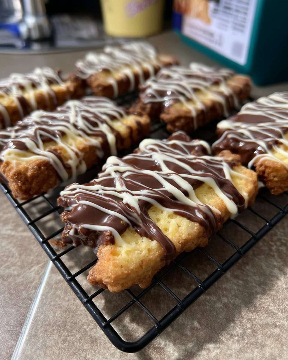 A stack of golden brown Garibaldi biscuits showing dark fruit peeking through the dough
