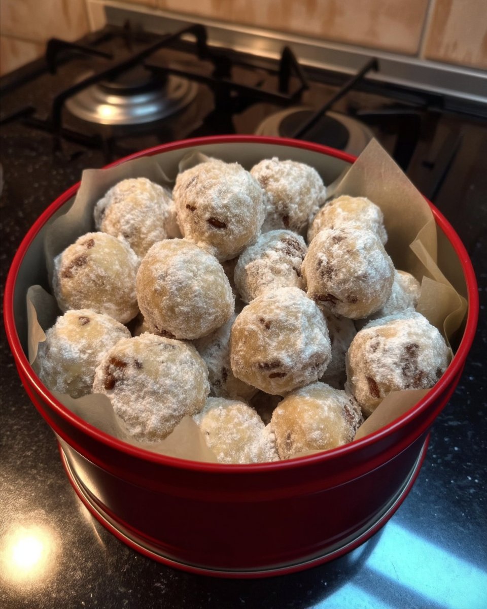 Epic pecan snowballs piled high with thick powdered sugar coating