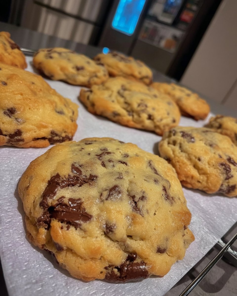 Stack of soft and chewy no chill chocolate chip cookies with melted chocolate