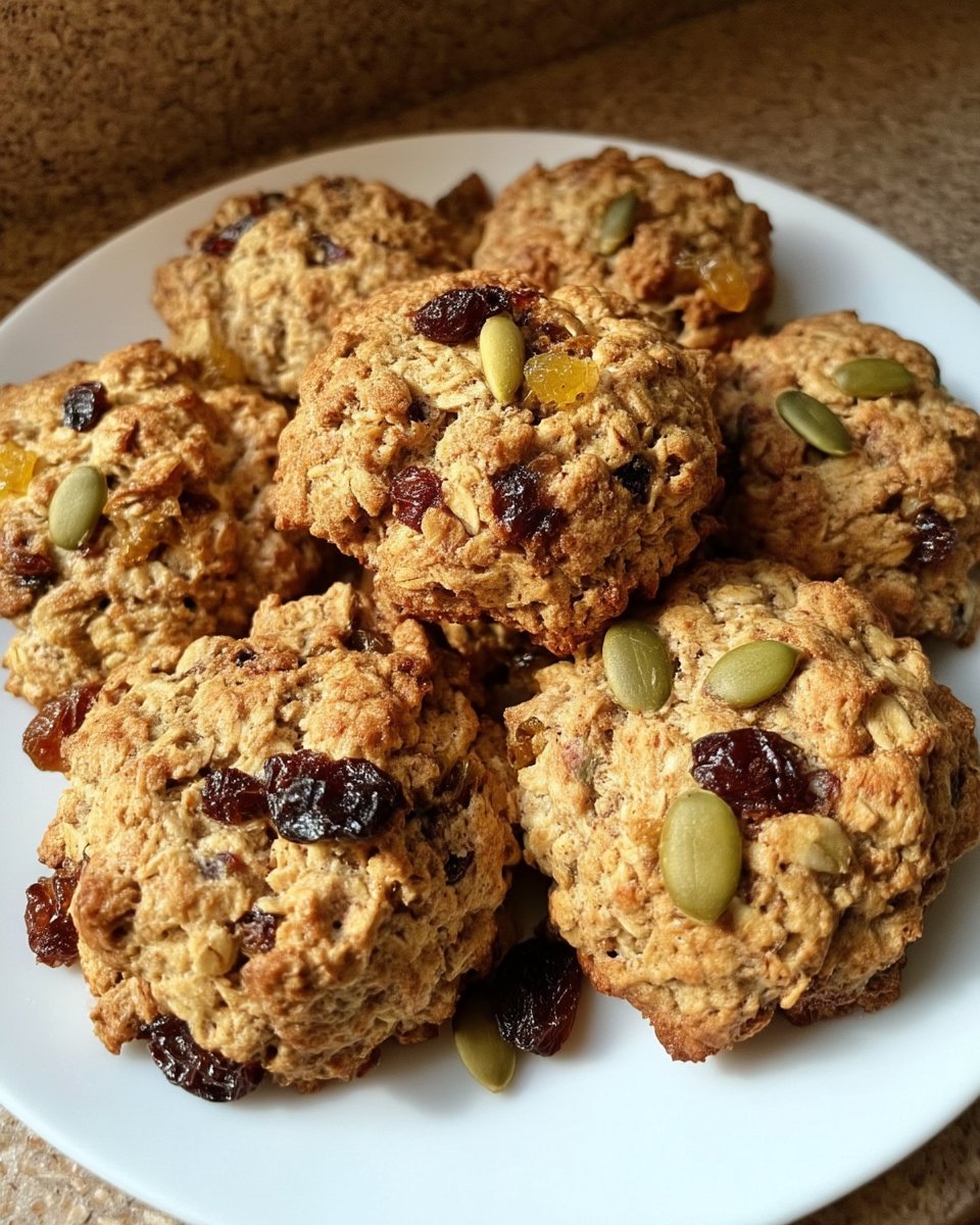 Stack of soft oatmeal raisin cranberry cookies on a rustic wooden table