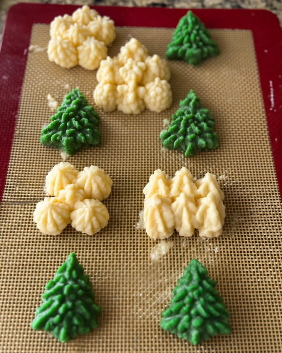 Using a cookie press to make spritz cookies on a metal sheet