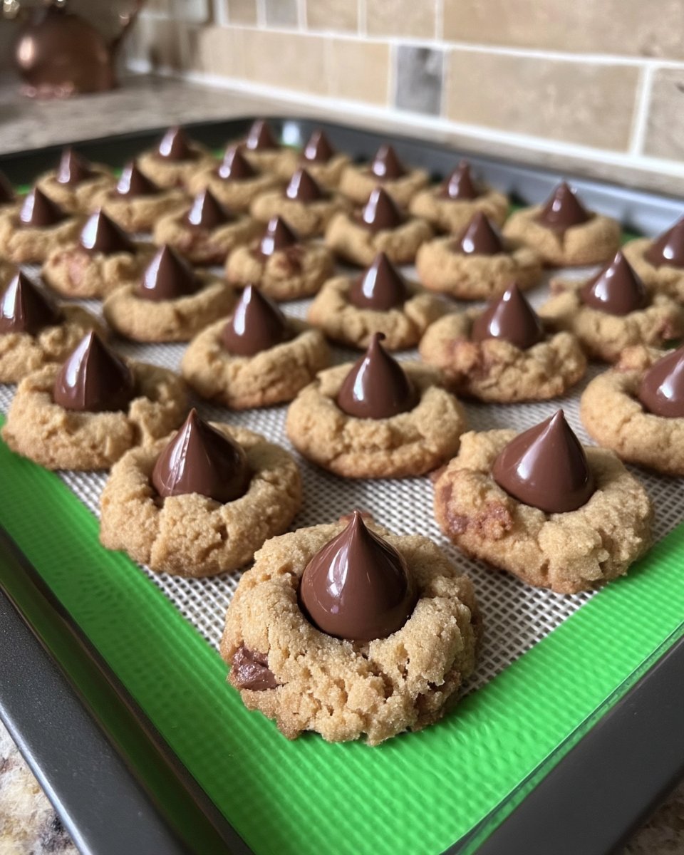 Peanut Butter Blossom Cookies 13 Hand pressing a frozen Hershey's Kiss into a warm peanut butter cookie