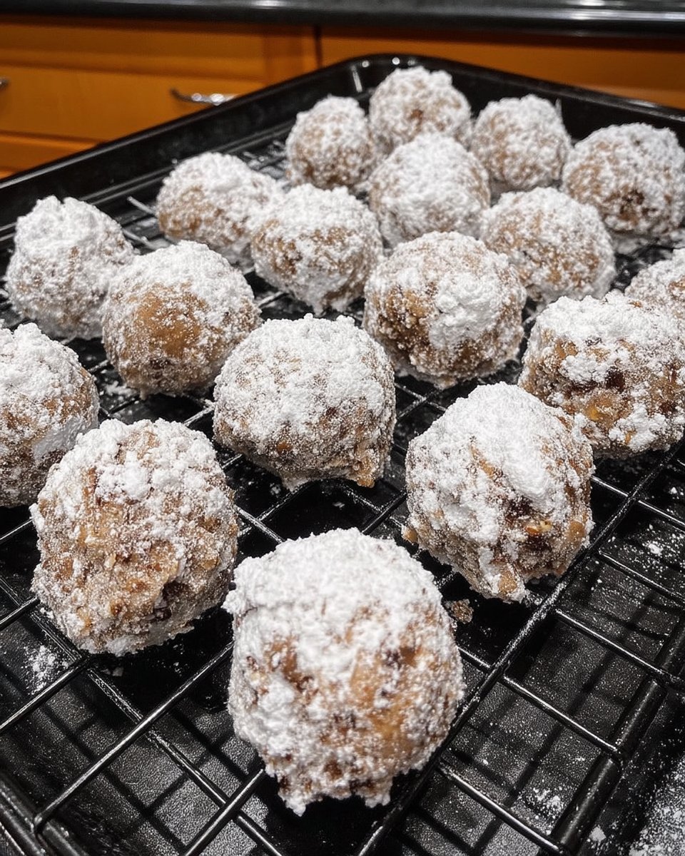 Rolling warm pecan snowballs into a bowl of powdered sugar