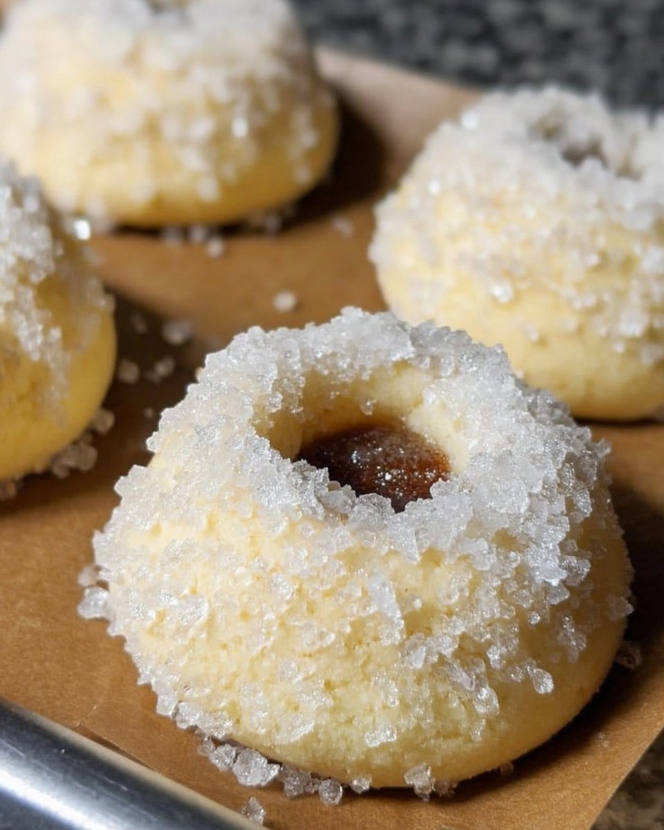 Thumbprint Cookies 13 Raw cookie dough balls rolled in sugar with indents pressed into them