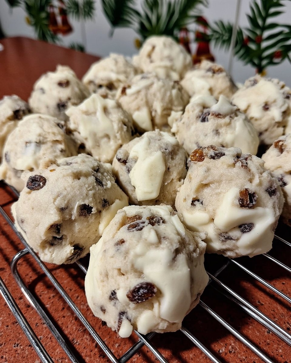 Hands rolling warm pecan cookies in a bowl of powdered sugar