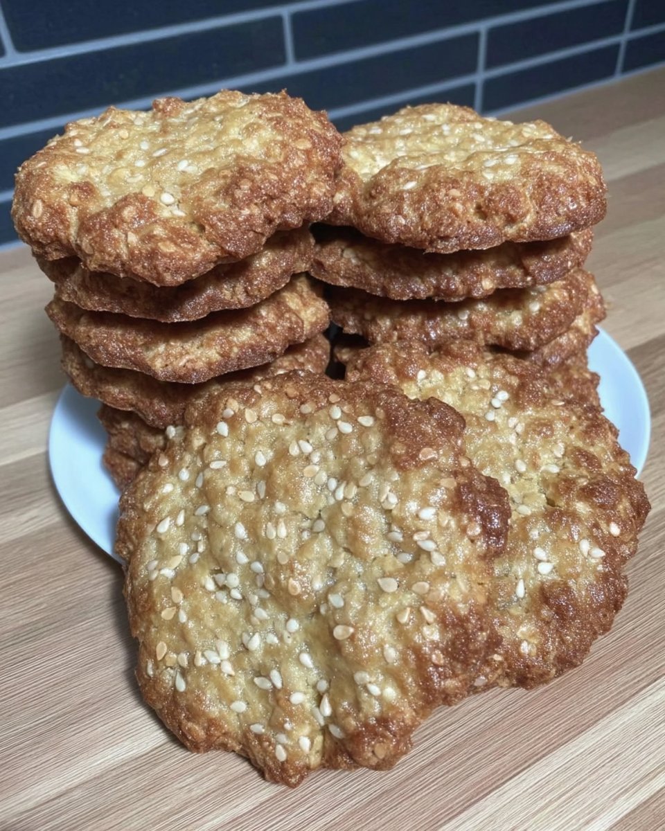 Benne Wafers 14 Benne wafers stacked next to a cup of herbal tea