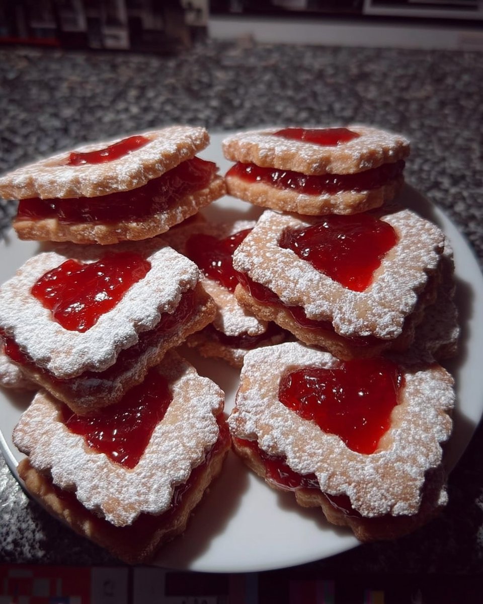 Spitzbuben 14 Spitzbuben cookies served on a rustic wooden platter