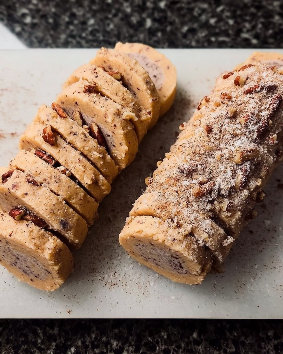 A sharp knife slicing through a log of chilled pecan shortbread dough
