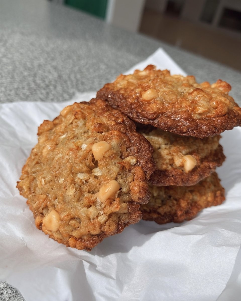 Stack of soft and chewy oatmeal scotchie cookies on a plate