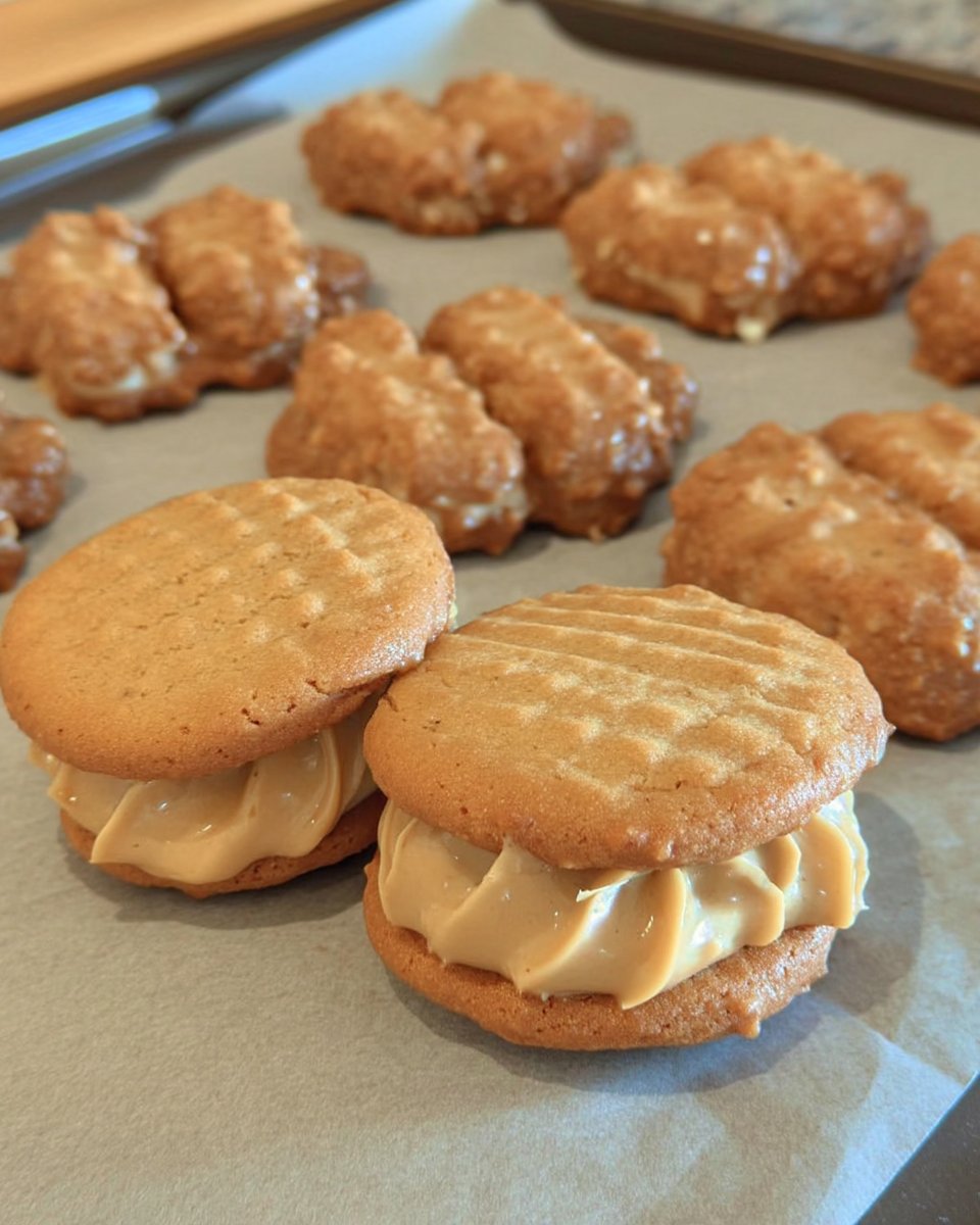 A beautiful presentation of peanut butter sandwich cookies tied with twine on a serving tray