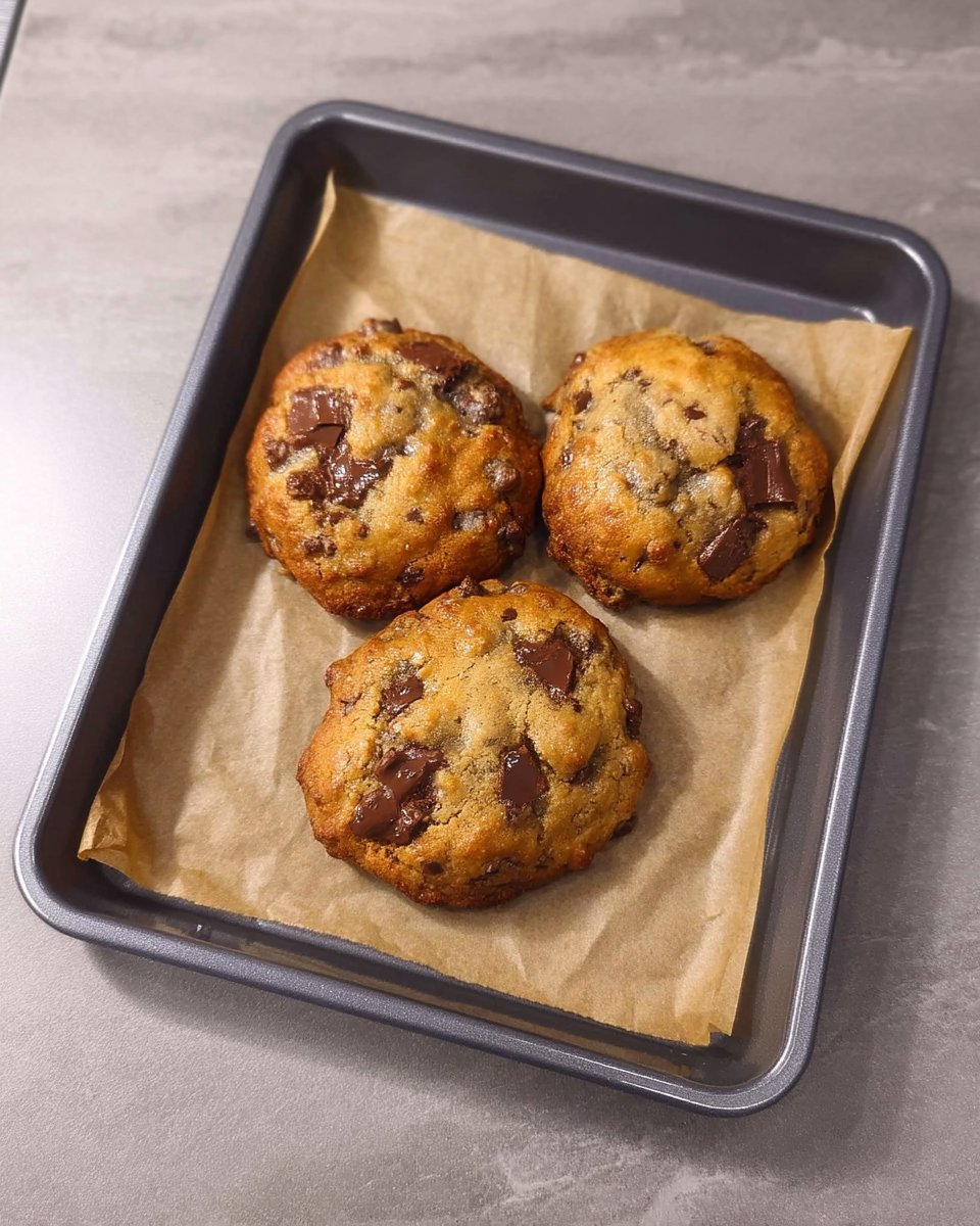 Thick chocolate chip cookies stacked on a rustic baking tray