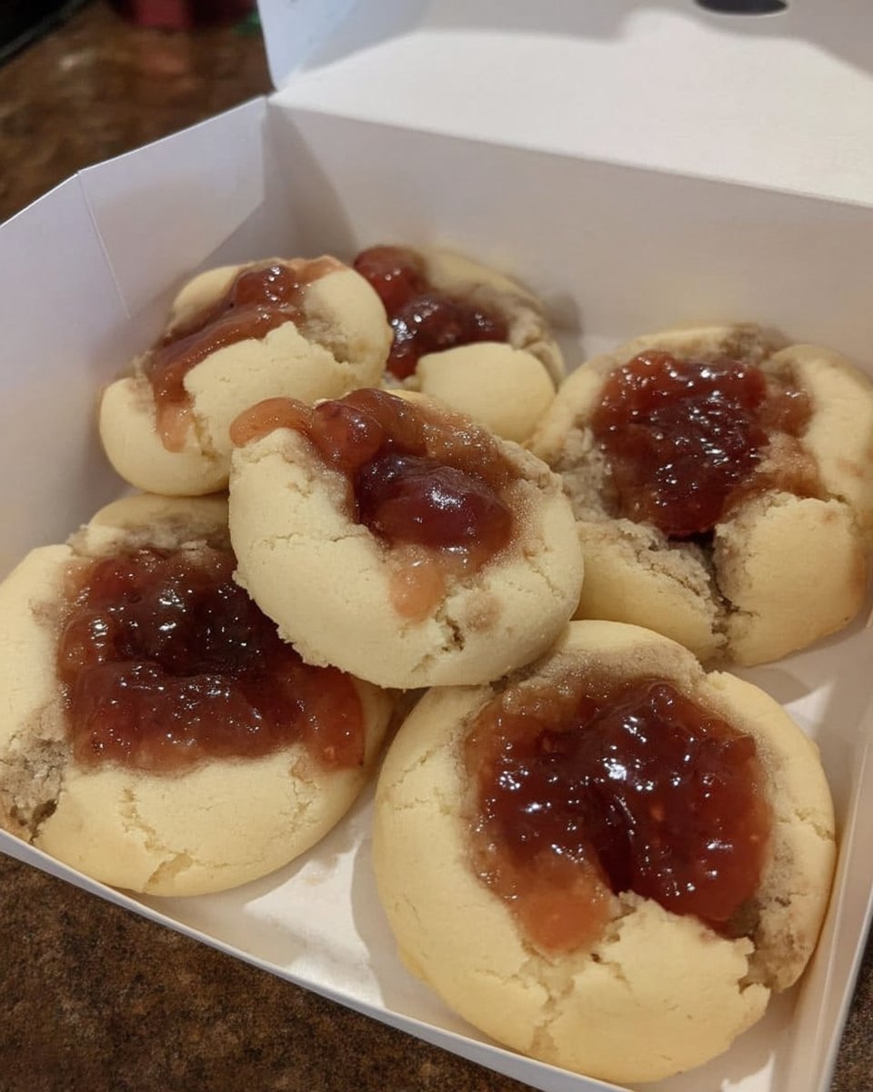 Close up of a buttery thumbprint cookie filled with bright red raspberry jam