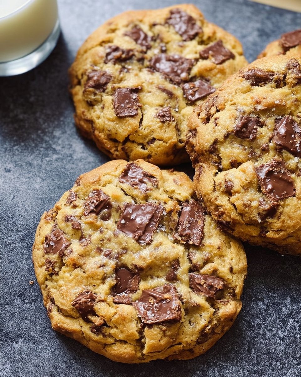 A stack of warm chocolate chip cookies next to a glass of cold milk
