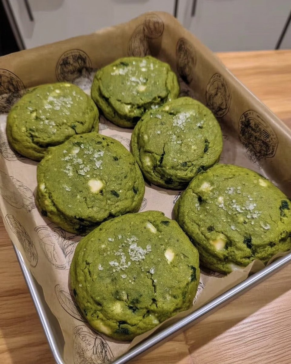 A stack of warm matcha cookies with melted white chocolate chips next to a glass of milk
