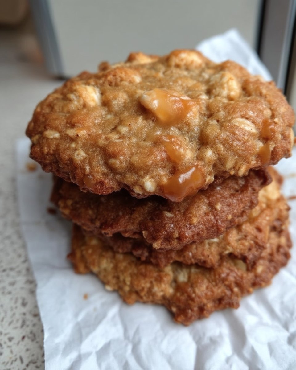 Warm oatmeal scotchie cookie next to a glass of milk