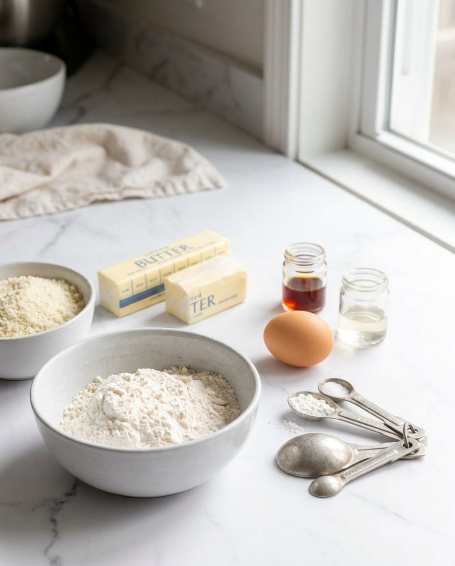 Ingredients for pignoli cookies including almond paste and pine nuts