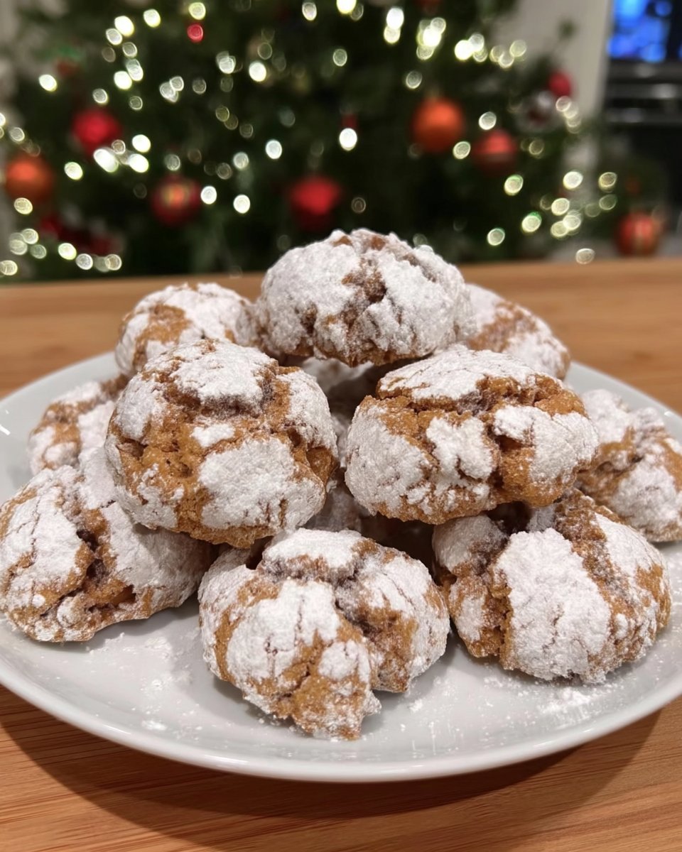 A massive stack of chewy Amaretti cookies dusted with powdered sugar