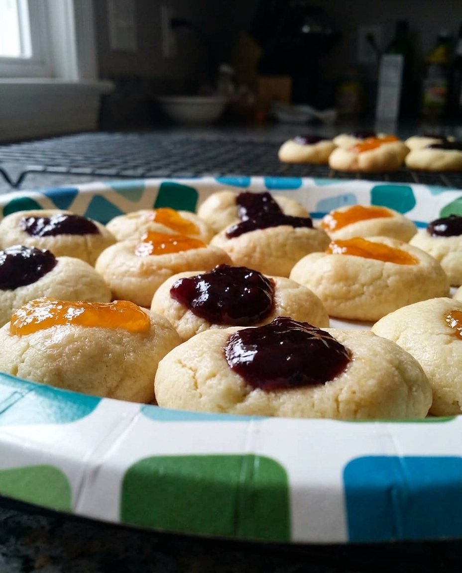 A batch of golden apricot thumbprint cookies with bubbling jam centers on a baking sheet