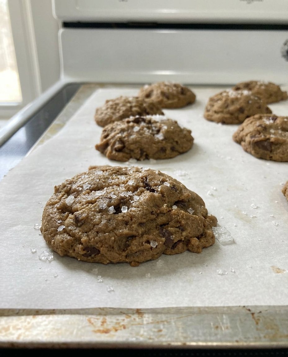 A stack of baked espresso chocolate chip cookies next to a glass of milk