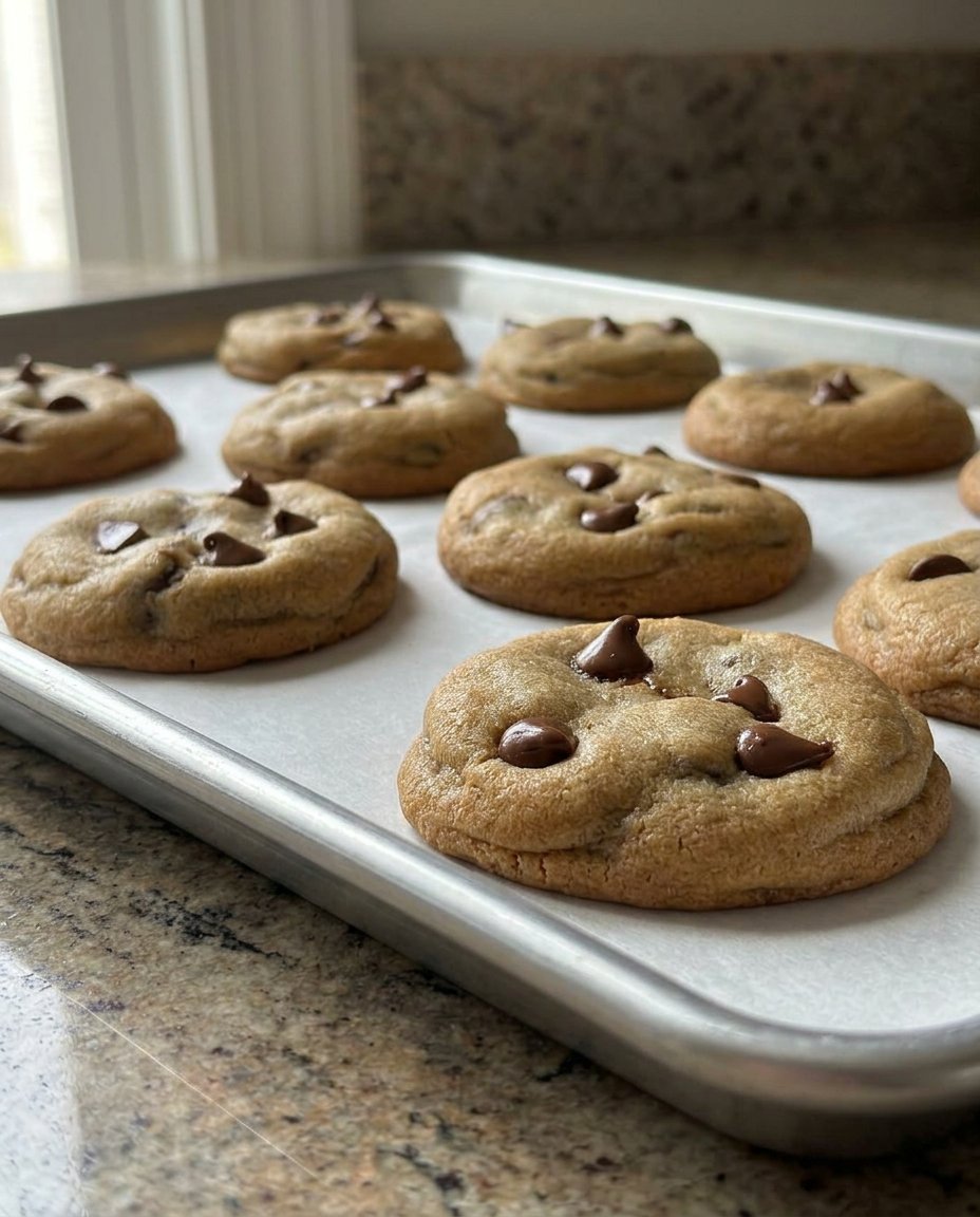 A stack of thick bakery style chocolate chip cookies with melty chocolate chips