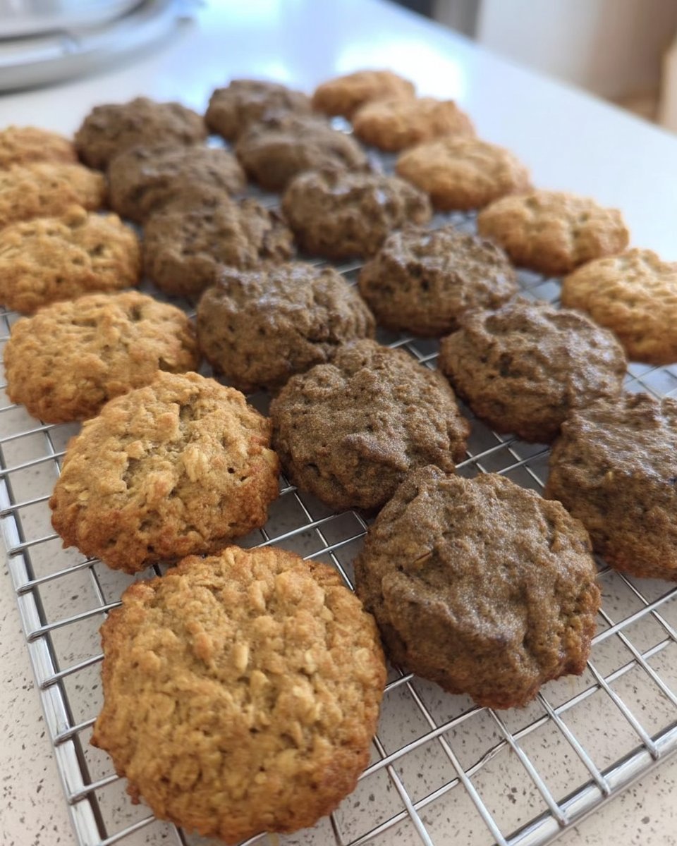 Soft oatmeal banana cookies on a cooling rack.