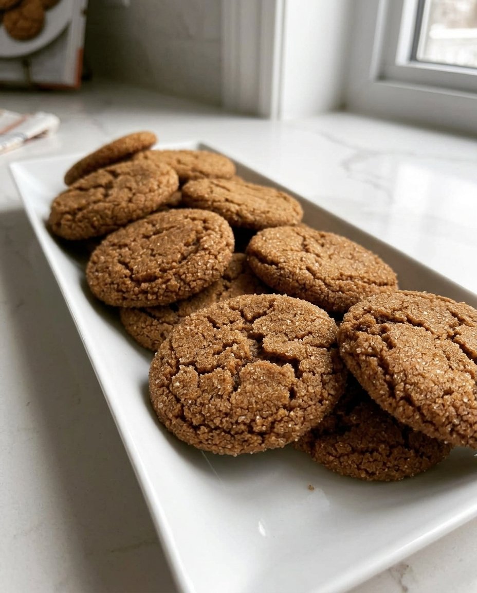 A close up of a giant chewy ginger cookie with deep cracks and sparkling sugar coating