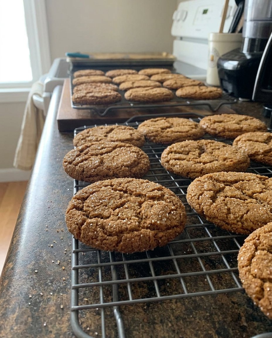 A stack of giant chewy ginger cookies with sparkling sugar coating and deep cracks.