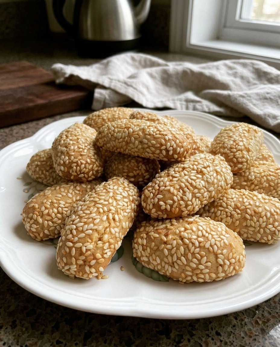 A tray of golden brown Biscotti Regia cookies covered in sesame seeds.