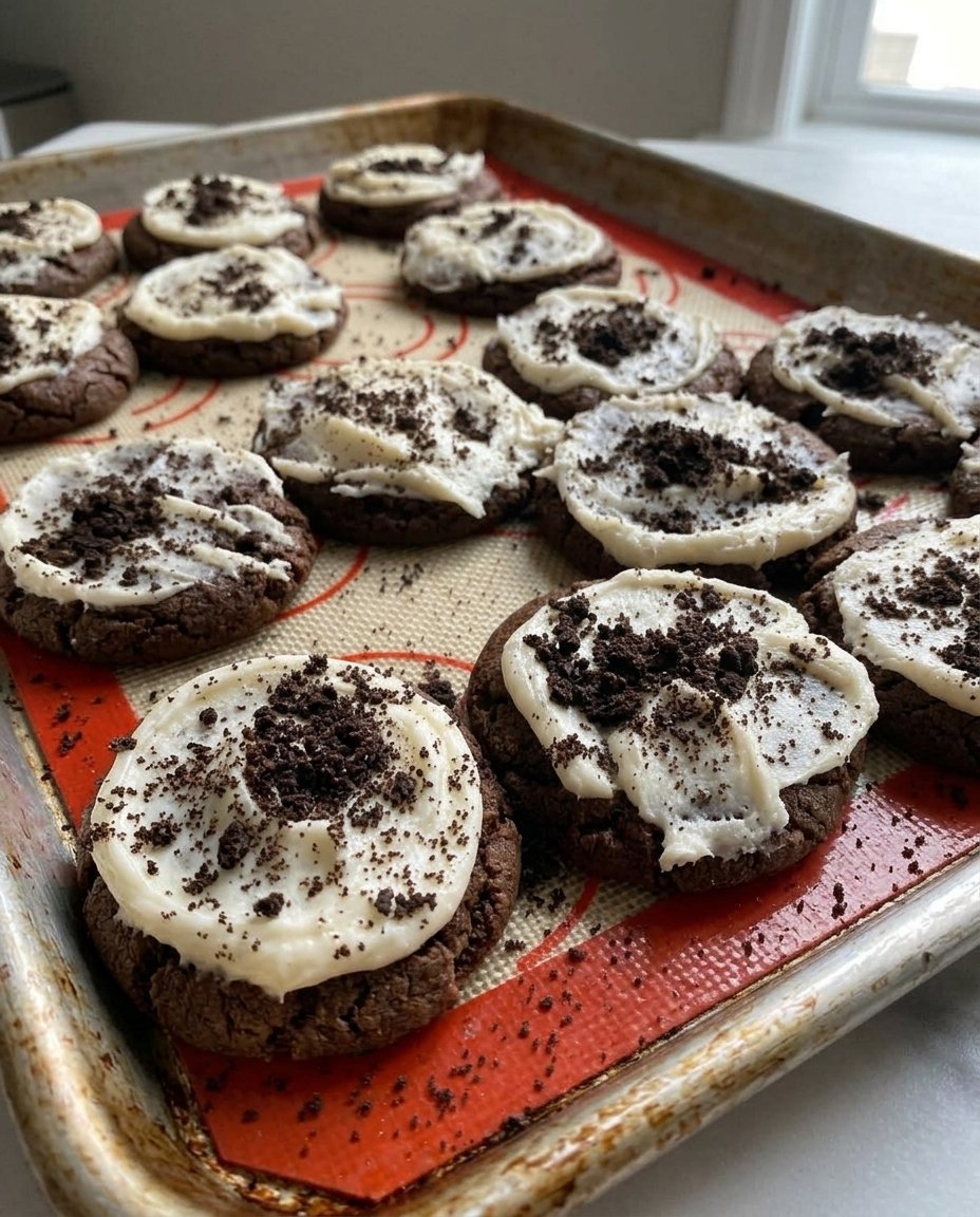 A close up of dark black cocoa cookie dough being shaped into small balls on a farmhouse table